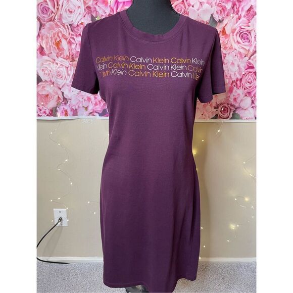 Calvin Klein Metallic Logo Purple Cotton T-Shirt Dress-SIZE SMALL - Picture 1 of 9